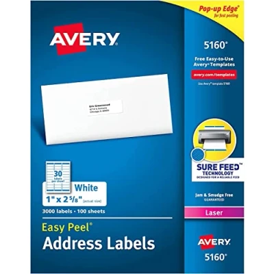 Bild av Avery adressetiketter med säkert flöde för laserskrivare, 1 tum x 2 5/8 tum, 3 450 etiketter bra FBA (5160)