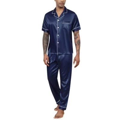 Bild av Reliwel Herrpyjamas, satin, pyjamas set, kort topp med knappslå och långa byxor, tvådelade nattkläder, män, hemmakläder, sovkläder, loungewear, Marinblå, XXL