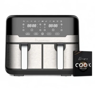 Bild av MasterPRO Rocket Duo 900 Friteuse Double sans huile Blanc Capacité de 9 L et puissance 2100 W Écran tactile LED panier antiadhésif à air chaud 11 Fonctions en 1