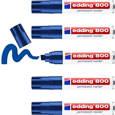 Bild av edding 800 permanent markör blå 5 pennor mejselspets 412 mm för djärva markeringar vattentäta, snabbtorkande, smutssäkra kartong, plast, trä, metall, glas och tyg