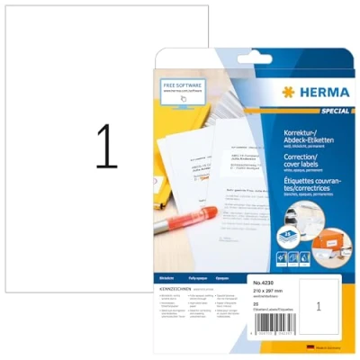Bild av HERMA 4230 korrektur /täcketiketter A4 ogenomskinlig (210 x 297 mm, 25 ark, papper, matt) självhäftande, utskrivbara, permanenta maskeringsetiketter, klistermärken, vit