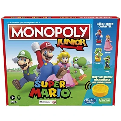 Bild av Hasbro brädspel Monopol Junior Super Mario Edition för barn från 5 år spela i Mushroom Kingdom som Mario, Peach, Yoshi eller Luigi, Multi (tysk version)