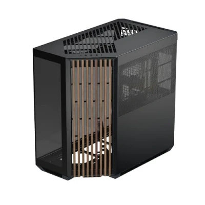Bild av APNX V1 Dual Chamber ATX Mid Tower Airflow PC fodral, panorama glaspaneler, 10 fläktplatser, 360 mm kylarstöd, vinkelintag 16 cm x 2 fläktfäste, GPU fäste, kabelhantering, typ C, svart/trä