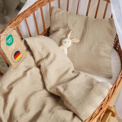 Bild av Laleni baby sängkläder 80x80 cm av bomull muslin + örngott 35x40 OEKO TEX certifierade sommar barnvagns taupe
