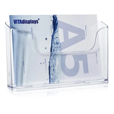Bild av VITAdisplays DIN A5 bordsbroschyrstativ som flygstativ i liggande format, transparent flyghållare och stabil bordsbroschyrhållare, 1 styck