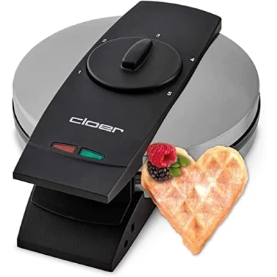 Bild av Cloer 1639SR Våffeljärn, hjärtvåfflor 15.5 cm Ø, dubbel non stick beläggning, socker resistent, 930 W, kontrollampa, praktisk ställningsfunktion, högkvalitativt hölje i rostfritt stål