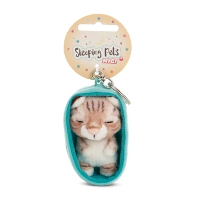 Bild av Nyckelring Sleeping Pets, katt, tigerrandig, 8 cm, i korg, brun, lojal följeslagare för ryggsäck eller väska, nyckelhållare små och stora, 61608