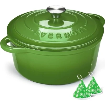 Bild av Overmont 5 l emaljerad gjutjärn rund gryta med lock kokbok och bomullspytlappar non stick holländsk ugn köksredskap för flätning, grytor, rostning, brödbakning grön, 26 cm