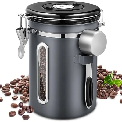Bild av NCKIHRKK Kaffeburk, lufttät i rostfritt stål, 1,8 l kaffebönebehållare stål med datumvisning och portionering, kaffebönsbehållare, förvaringsburk för aromskydd av ditt kaffe, te