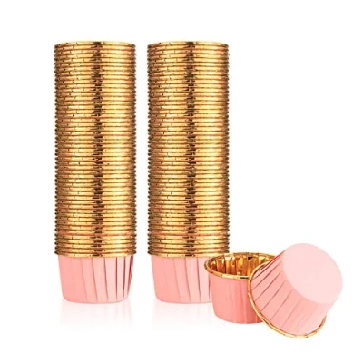 Bild av 100 st Muffinsformar Papper, Cupcake formar Folie Metalliska Muffins Wrappers, Bakningsfodral Pappersformar för Cupcakes, Födelsedag, Bröllop, Julfest Rosa
