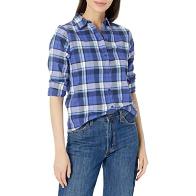 Bild av Amazon Essentials Women&#039;s Långärmad lätt rutig flanellskjorta klassisk passform, Blå Grå Marinblå Rutig, XXL