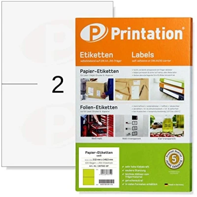 Bild av Utskrift fraktetiketter 210 x 148 mm 200 etiketter självhäftande tryckbara A5 vit 100 ark A4 à 2 adress klistermärken DIN 1 · Internetmärke DHL paket 3655