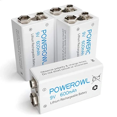 Bild av 9 V uppladdningsbara batterier, POWEROWL hög kapacitet 600 mAh Li ion PP3 batterier för mikrofon, röklarm, elektriska spel, walkie talkies och andra enheter (4 pack)