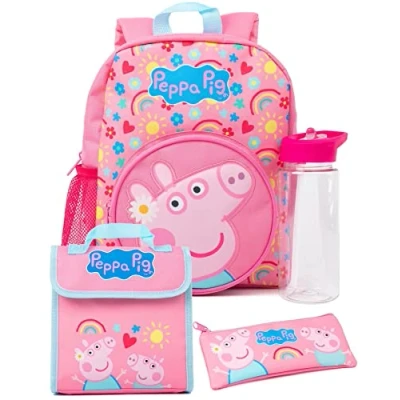 Bild av Peppa Pig Kids 4 delat ryggsäcksset Flickor Pojkar Animerad George Gris Hjärtan Rosa ryggsäck Matsäck Pennfodral Vattenflaska Tillbaka till skolväska gåvor