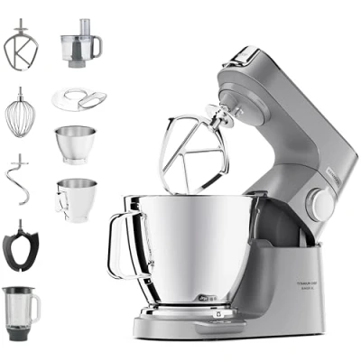 Bild av Kenwood Titanium Chef Baker XL Kvl85.424Si Matberedare med Integrerad Våg &amp; 2 Blandningsskålar, 1200W, inkl. 4 delad Konditorisats, Glasblandningstillbehör Hackare, Silver