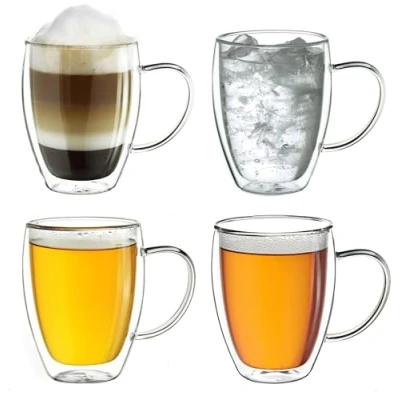 Bild av Creano Dubbelväggigt termoglas med handtag 250 ml, stort dubbelväggsglas av borosilikatglas, kaffeglas, teglas, set om 4