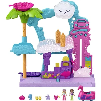Bild av Polly Pocket Pollyville Flamingo Fun Car Wash, två mikrodockor, flamingobil, färgförändring, tillbehör för vattenlekar Present till barn från 4 år HHJ05