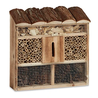 Bild av Relaxdays Hängande insektshotell, Bee Home, fjärilshus, flammigt trä, H x B D: 31 30,5 9,5 cm, naturbrun