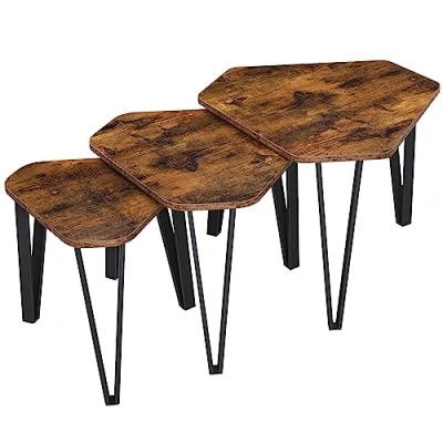 Bild av VASAGLE häckande soffbord, uppsättning med 3 ändbord för vardagsrum, staplings sidobord, robust och enkel montering, stålram, industriell stil, rustikt brunt svart LNT14BX