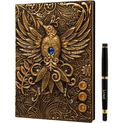 Bild av Anteckningsbok för DND / Journal, bok i läderimitation med 200 sidor &amp; fenix 3D gyllene samt penna Perfekt Dungeons Dragons/D&amp;D. Nördigt tillbehör och fantasigåva spelledare spelare, män kvinnor.