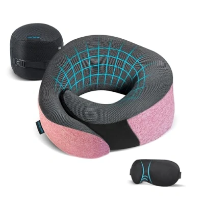 Bild av Proglobe Rosa Resenackkudde Perfekt för flygresor, 100% minnesskum nackkudde, uppdaterat material, resekit långdistans med 3D konturerade ögonmask och bärbar nätväska