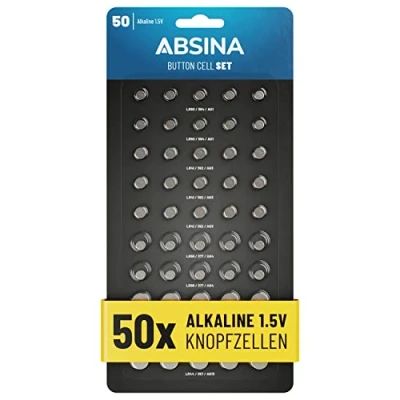 Bild av ABSINA Pack de 50 Assortiment Pile Bouton 10x AG1 LR621 / 15x AG3 LR41 AG4 LR66 AG10 LR1130 5X AG13 LR44 Piles Boutons 1,5V, Plates, Montre, Montre
