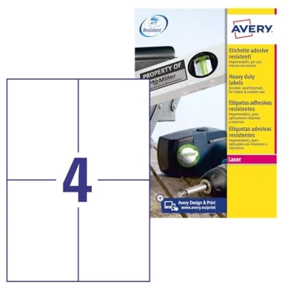 Bild av AVERY Specialform L4719 20 vädertåliga folieetiketter (105 x 148 mm på DIN A4, extremt starkt självhäftande, vattenfast, tryckt utomhus självhäftande folie) 80 klistermärken ark vit