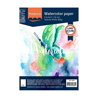 Bild av Florence Vaessen Kreativt Akvarellpapper A4, 300 gsm, Kvalitet På KonStnärskvalitet, Texturerad Yta, 10 Ark för Målning, Hantering, KonStprojekt Med Mera, intensivt Vitt