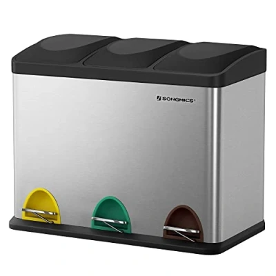 Bild av SONGMICS Kökskorg, sorteringskorg med 3 fack, 45 l, inre hinkar, soptunna i rostfritt stål, x 15L, silver och svart LTB45L