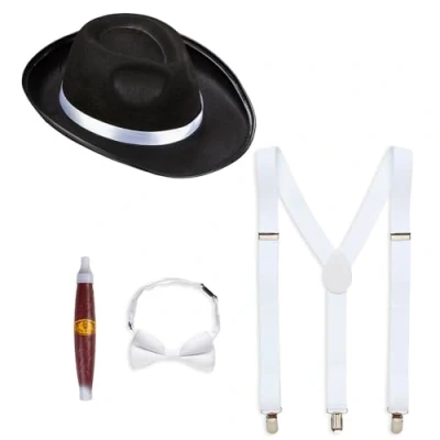 Bild av Widmann 68555 kostym set gangster, 4 delar, hatt, hängslen, fluga och cigarr, Charleston, 20 talet, maffiaboss, accessoarer, karneval, utklädnad, temafest
