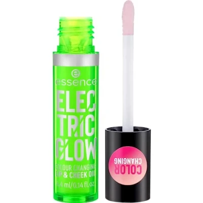 Bild av essence ELECTRIC GLOW COLOUR CHANGING LIP &amp; CHEEK OIL, highlighter, transparent, vegansk, mikroplastpartiklar fri, nanopartiklar fri (4,4 ml)