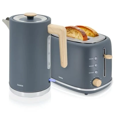 Bild av briebe Nordic brödrostset, 2 breda skivor, 6 förgyllningsnivåer + 1,7 l trådlös elektrisk vattenkokare, 200 W, BPA fri, frukostpaket, nordisk design, grå