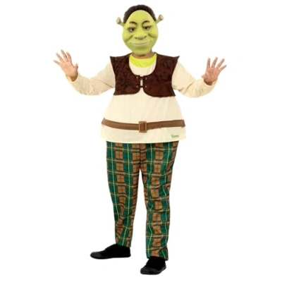 Bild av Smiffys Shrek deluxe kostym för barn, ringad, allt i ett och mask, officiell licensdräkt barn med midjeband EVA mask full förvandling