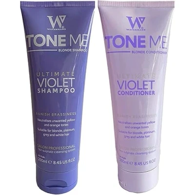 Bild av Purple Shampoo &amp; Conditioner set med gratis sminkväska, Watermans Life is Better in Blondin ta bort gula toner snabbt för blond, platinum, vitt eller grått hår