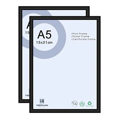 Bild av YEEPHAN A5/21 x 15 cm fotoramar svart set med 2 8 6 tum bildram tillverkad av metallaluminium perspex framsida för bordsskiva och väggmontering