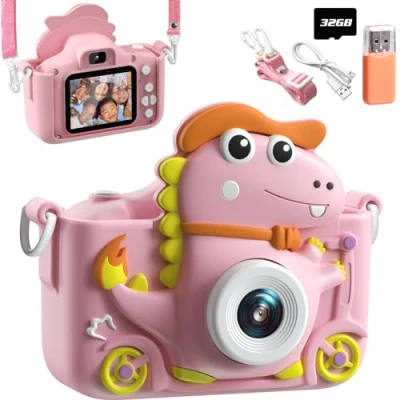 Bild av Dinosauriekamera, barnkamera med 2 tums display, 1080P, selfiekamera för barn 32 GB, passar alla i åldern 312 år, både pojkar och flickor, jättefin som present (rosa)