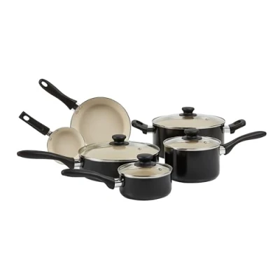 Bild av Amazon Basics köksredskapsset i 11 delar med keramiska kastruller och stekpannor, non stick belagda, PFOA PTFE fria, svart/krämfärgade