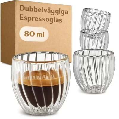 Bild av Cosumy Espressokoppset Dubbelväggigt Glas 80ml 4st Värmeisolerande flytande effekt Räfflad design Värmebeständig Tål maskindisk