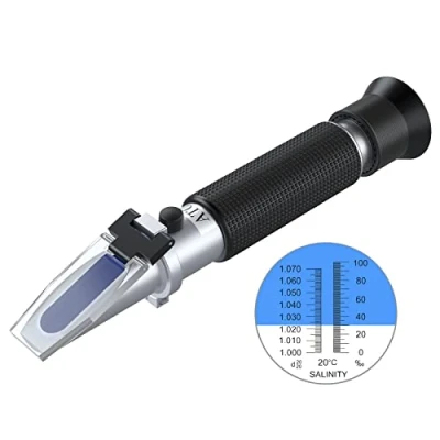 Bild av AUTOUTLET Salthetsrefraktometer, automatisk temperaturkompensation saltvatten testare hydrometer 0 100 ppt och 1,000 1,070 specifik gravitation ATC refraktometer för havsvattenakvarium tank, marin