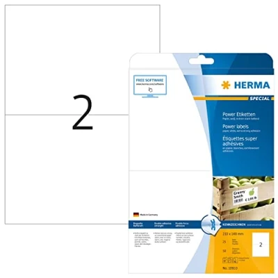 Bild av HERMA 10910 power etiketter A4 (210 x 148 mm, 25 ark, papper, matt) självhäftande, utskrivbara, extremt stark häftande universella etiketter, 50 klistermärken, vit