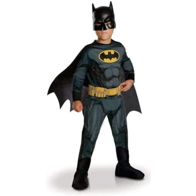 Bild av RUBIES Officiell DC BATMAN barndräkt, klassisk utklädnad för barn, 34 år, kostym med tryckt jumpsuit, bälte, stövelöverdrag, avtagbar cape och mask, halloween, karneval