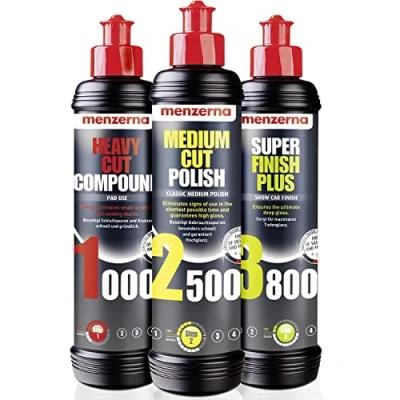 Bild av menzerna 250 ml: Heavy Cut Compound 1000 och Medium Polish 2500 Super Finish 3800 ml