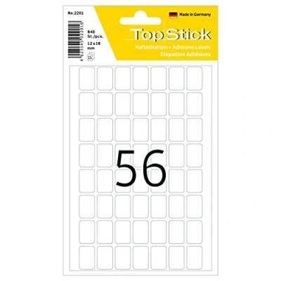 Bild av TopStick 2201 hushållsetiketter mini (12 x 18 mm, 15 ark, papper, matt) självhäftande, permanenta multifunktionsetiketter för handskriven märkning, 840 klistermärken, vit