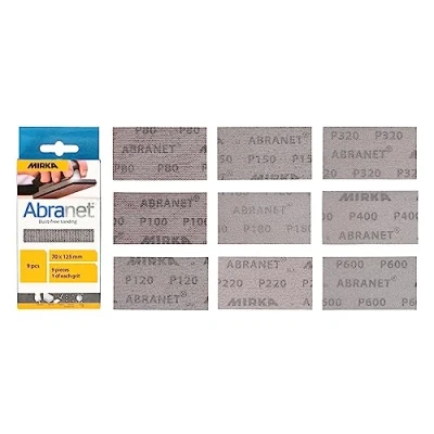 Bild av Mirka Abranet slipband med nät 70 mm x 125 kardborreband/Mix pack 1 st av varje kornstorlek 80, 100, 120, 150, 180, 220, 320, 400, 600/9 st/för slipning trä, spackel, lack, plast
