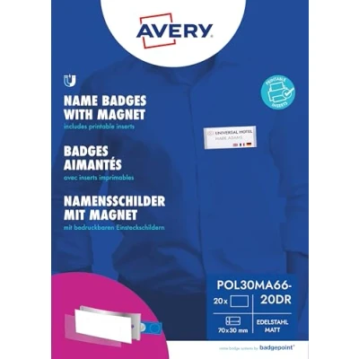 Bild av Navneskilt Badgepoint® 70x30 mm, Polar® Classic 30 Medarbejderskiltesæt, skilte med rustfri stålramme, akrylglas og printbare indstik 20 inkl. 90