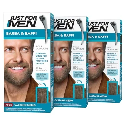 Bild av Just for Men Skägg och mustasch, skäggfärg för män, medium brun, färg, ta bort grått hår, med applikatorkam M35 (3 Pack)