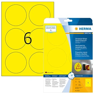 Bild av HERMA 8035 väderbeständiga folieetiketter A4 (Ø 85 mm, 25 ark, polyesterfolie, matt, rund) självhäftande, utskrivbara, extremt stark häftande utomhus signaletiketter, 150 klistermärken, gul