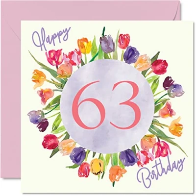 Bild av Vackra 63:e födelsedagskort för kvinnor akvarell tulpaner blommor bukett grattis på hennes mormor mamma födelsedagspresenter, 145 mm x härliga blommiga gratulationskort present