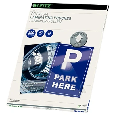 Bild av Leitz 74910000 lamineringspåsar gjorda av 250 mikron tjockt material (transparent, glansig, A3 och UDT) 25 pack