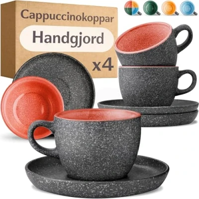 Bild av Cosumy Cappuccinokoppar Set om 4 200ml Keramiska Kaffekoppar med Fat Extra Tjockt Stengods Handgjord Reaktiv Glasyr Håller Värmen Längre (Röd)